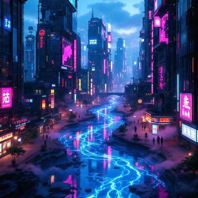 The primary subject of the image is a futuristic cityscape with a river flowing through it. The setting is a city with tall buildings and neon lights, creating a vibrant and lively atmosphere. The visual style is a combination of photo and digital art, giving the scene a unique and captivating appearance. The dominant colors are pink and blue, which add a sense of energy and excitement to the scene. The overall mood of the image is one of wonder and curiosity, as the viewer explores the intricate details of the futuristic city.